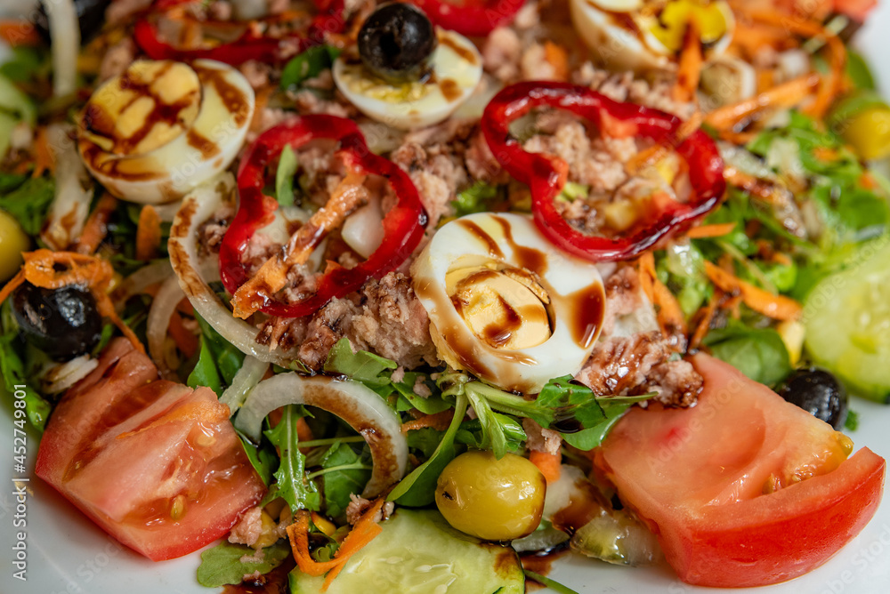 Mediterranean salad with vegetables, eggs, seasoned with soy sauce Mediterranean salad with vegetables, eggs, seasoned with soy sauce