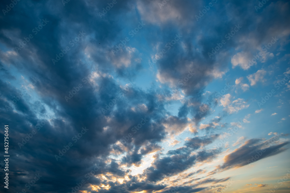 Sunset sky with clouds at wide angle 