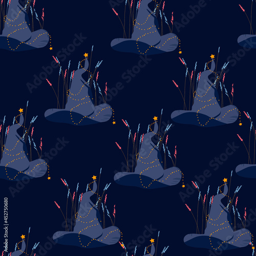 Magic witch hat seamless pattern. Halloween. A wizard's magical headdress. For wrapping paper. Ideal for wallpaper, surface textures, textiles.