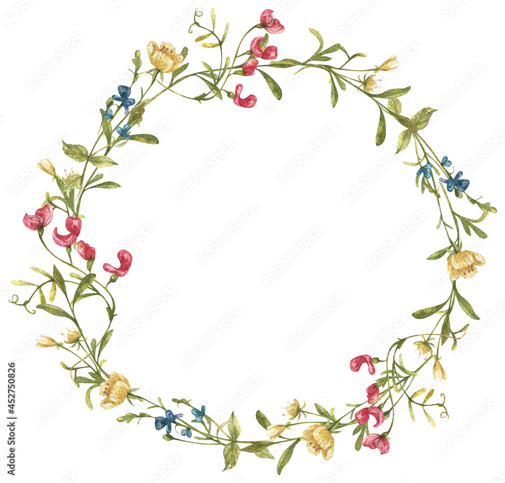 Watercolor beautiful wreath of meadow flowers, herbs, berries isolated on white background