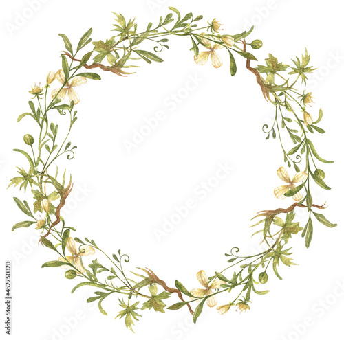 Watercolor beautiful wreath of meadow flowers, herbs, berries isolated on white background