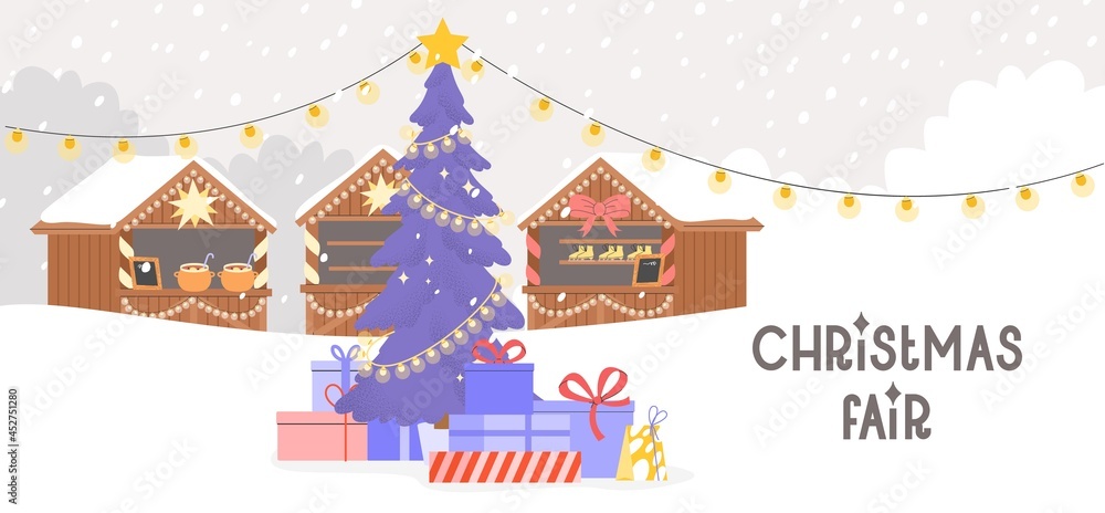 Concept of Christmas fair. Flat vector illustration with a big Christmas tree with gifts and a stalls in the background. New Year celebrations web banner or flyer. Concept of Christmas fair. Flat vector illustration with a big Christmas tree with gifts and a stalls in the background. New Year celebrations web banner or flyer.