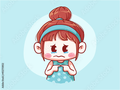 Cute and kawaii Girl crying and feel guilty Chibi Illustration