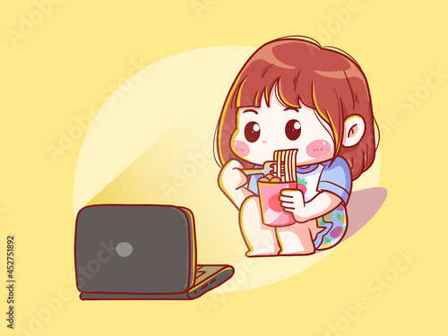 Cute and kawaii Girl eat noodle while watching movie on laptop Manga Chibi Illustration