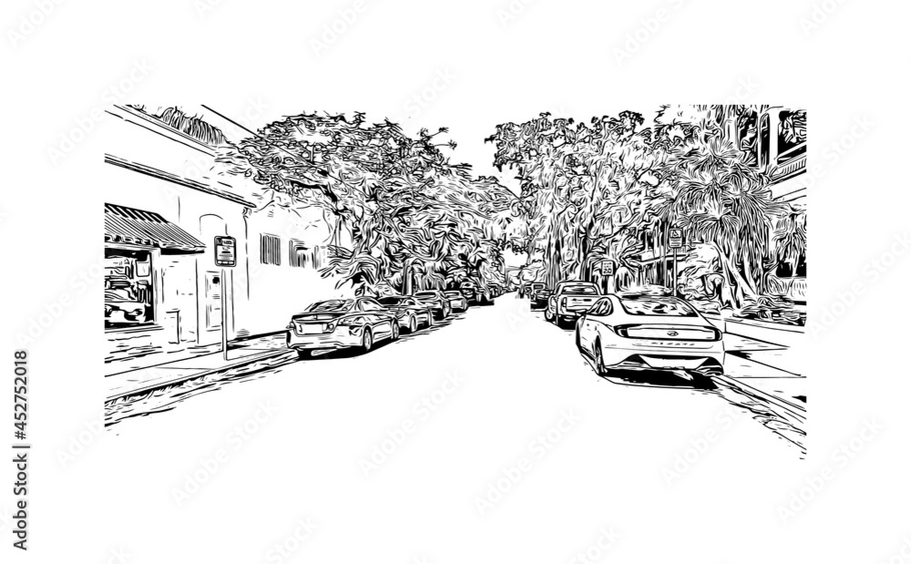 Obraz premium Building view with landmark of Key West is the city in Florida. Hand drawn sketch illustration in vector.