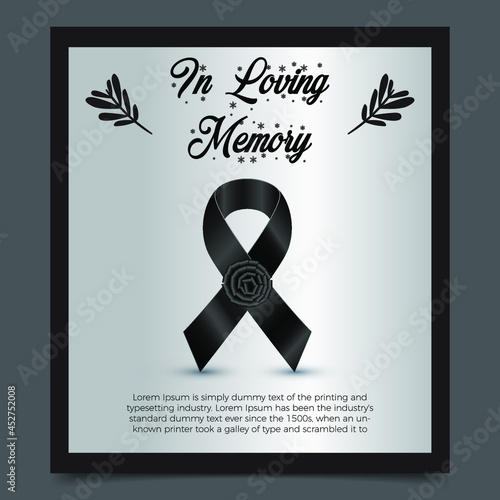 Funeral card template. Vector funeral card with black ribbon, place for text. Eps 10 vector illustration.