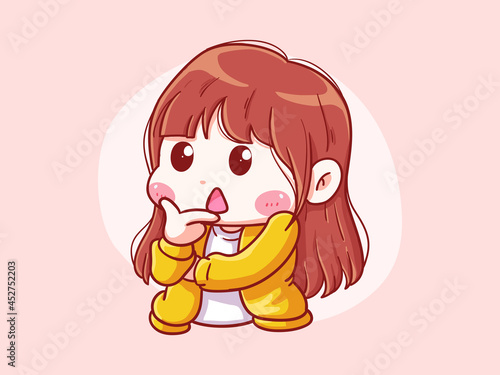 Cute and kawaii Girl Thinking Pose Chibi Illustration
