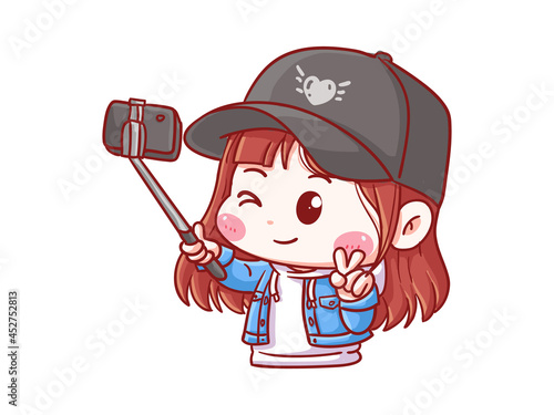 Cute and kawaii korean k-pop Girl Take Photo with Selfie Stick Manga Chibi Illustration