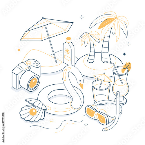 Sea vacation - isometric black and yellow line illustration
