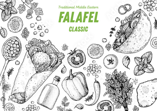 Falafel cooking and ingredients for falafel, sketch illustration. Middle eastern cuisine frame. Street food, design elements. Hand drawn, menu and package design. Vegan food