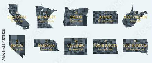 Set 4 of 5 Division United States into counties, political and geographic subdivisions of a states, Highly detailed vector maps with names and territory nicknames