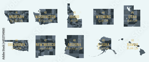 Set 5 of 5 Division United States into counties, political and geographic subdivisions of a states, Highly detailed vector maps with names and territory nicknames
