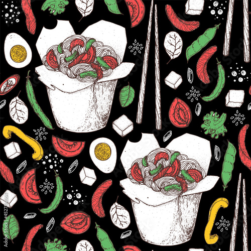 Hand drawn vector illustration - Wok box seamless pattern, ingredients for wok . Sketch background. Noodles in a carton box. Asian food.