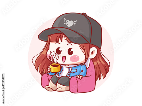 Cute and kawaii korean k-pop Girl Chill and Drink Coffee manga chibi Illustration