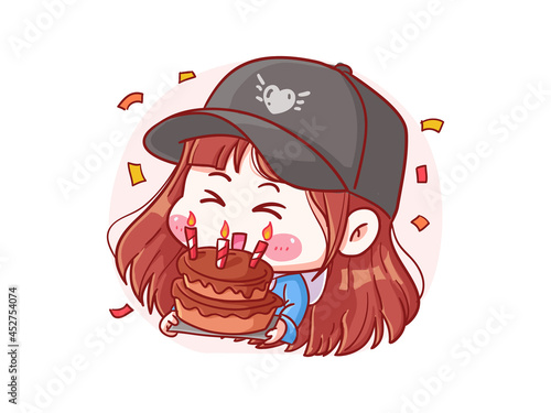 Cute and kawaii korean k-pop Stylish Girl Celebrate Birthday with Cake manga chibi Illustration