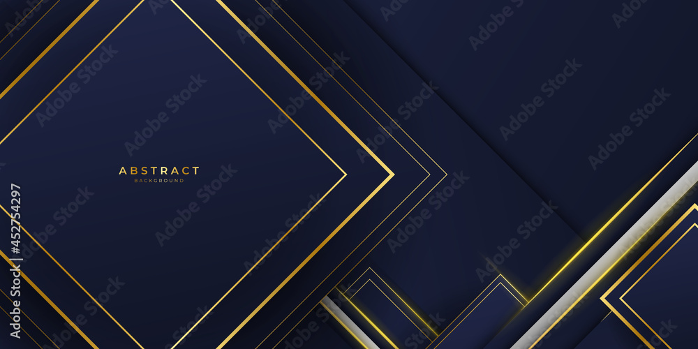 Obraz premium Abstract template luxury premium dark blue geometric diagonal background with golden line. Shiny realistic luxury golden elements. Modern vector design template.