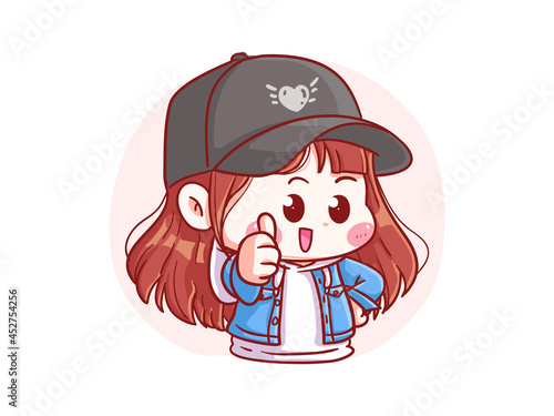 Cute and kawaii korean k-pop Stylish Girl Give Thumb Up Sign manga chibi Illustration