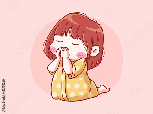 Cute and kawaii Girl Pray on Knee Before Sleep Chibi Illustration