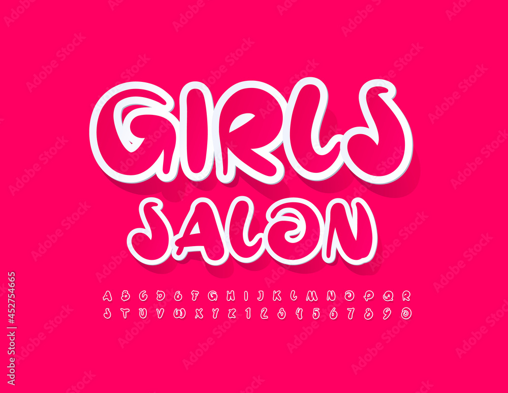 Vector stylish logo Girls Salon. Pink Sticker Font. Handwritten style Alphabet Letters and Numbers set
