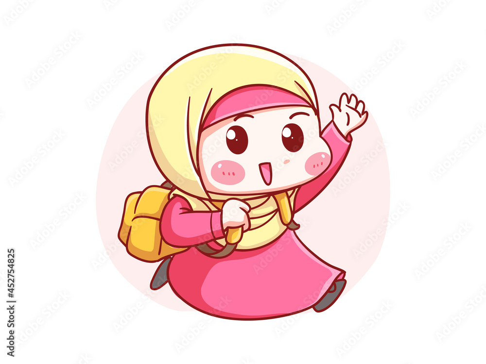 Cute and kawaii Hijab Girl running go to school with backpack Manga Chibi Illustration Cute and kawaii Hijab Girl running go to school with backpack Manga Chibi Illustration
