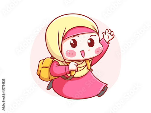 Cute and kawaii Hijab Girl running go to school with backpack Manga Chibi Illustration