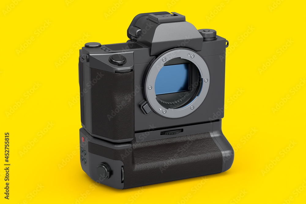 Concept of nonexistent DSLR camera isolated on a yellow background.