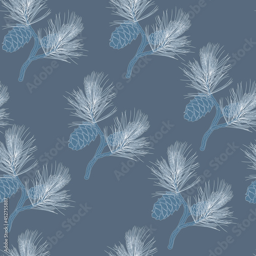 Cedar branch with a cone vector stock illustration. New Year's seamless pattern. For wrapping paper. Ideal for wallpaper, surface textures, textiles.