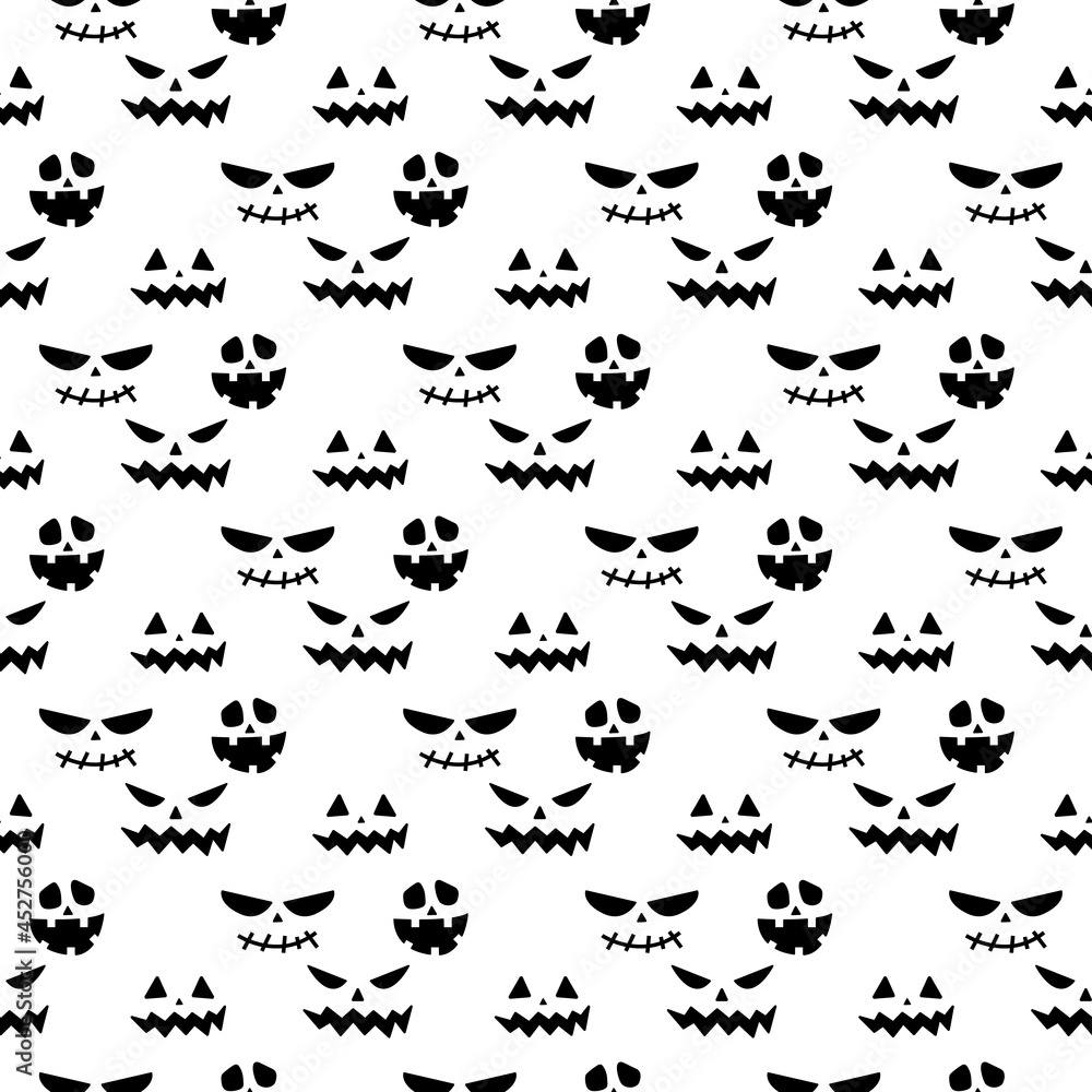 Naklejka premium Seamless repeating pattern with Halloween symbols. Design of silhouettes for the holiday Halloween. for postcard, fabric, banner, template, wrapping paper. Vector flat illustration.