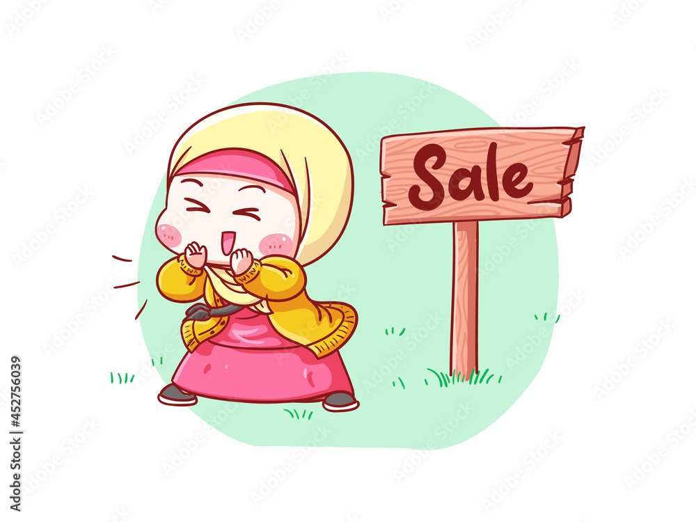 Cute and kawaii Hijab Girl Announcing Sale Manga Chibi Illustration Cute and kawaii Hijab Girl Announcing Sale Manga Chibi Illustration