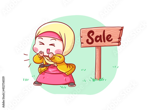 Cute and kawaii Hijab Girl Announcing Sale Manga Chibi Illustration