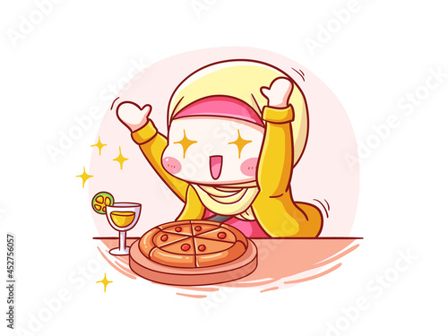 Cute and kawaii Hijab Girl Excited To Eat Food manga chibi Illustration