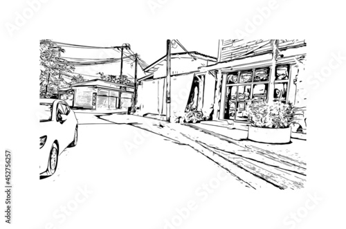 Building view with landmark of Khao Lak is a series of villages in Thailand. Hand drawn sketch illustration in vector.