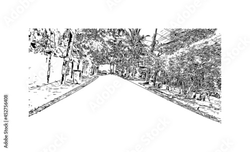 Building view with landmark of Khao Lak is a series of villages in Thailand. Hand drawn sketch illustration in vector.