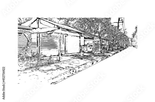 Building view with landmark of Khao Lak is a series of villages in Thailand. Hand drawn sketch illustration in vector.