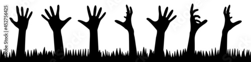 A set of zombie hands from the ground. Collection of silhouettes of human hands from graves. Set of black and white objects for the night of the halloween holiday. Vector illustration.