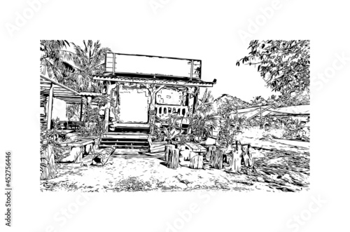 Building view with landmark of Khao Lak is a series of villages in Thailand. Hand drawn sketch illustration in vector.