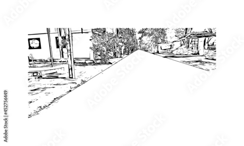Building view with landmark of Khao Lak is a series of villages in Thailand. Hand drawn sketch illustration in vector.