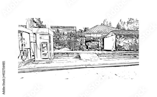 Building view with landmark of Khao Lak is a series of villages in Thailand. Hand drawn sketch illustration in vector.
