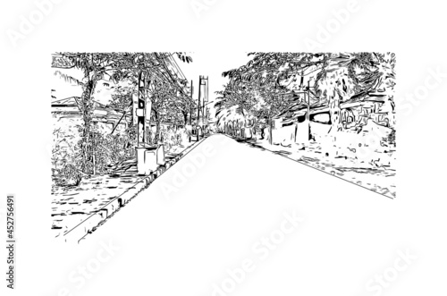Building view with landmark of Khao Lak is a series of villages in Thailand. Hand drawn sketch illustration in vector.