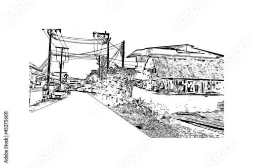 Building view with landmark of Khao Lak is a series of villages in Thailand. Hand drawn sketch illustration in vector.