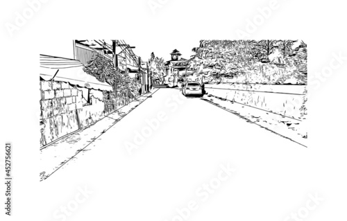 Building view with landmark of Khao Lak is a series of villages in Thailand. Hand drawn sketch illustration in vector.
