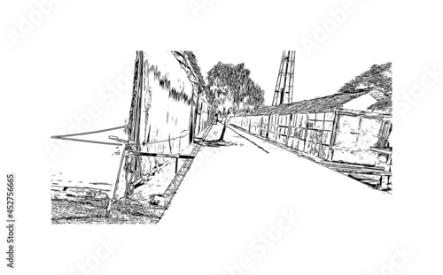 Building view with landmark of Khao Lak is a series of villages in Thailand. Hand drawn sketch illustration in vector.