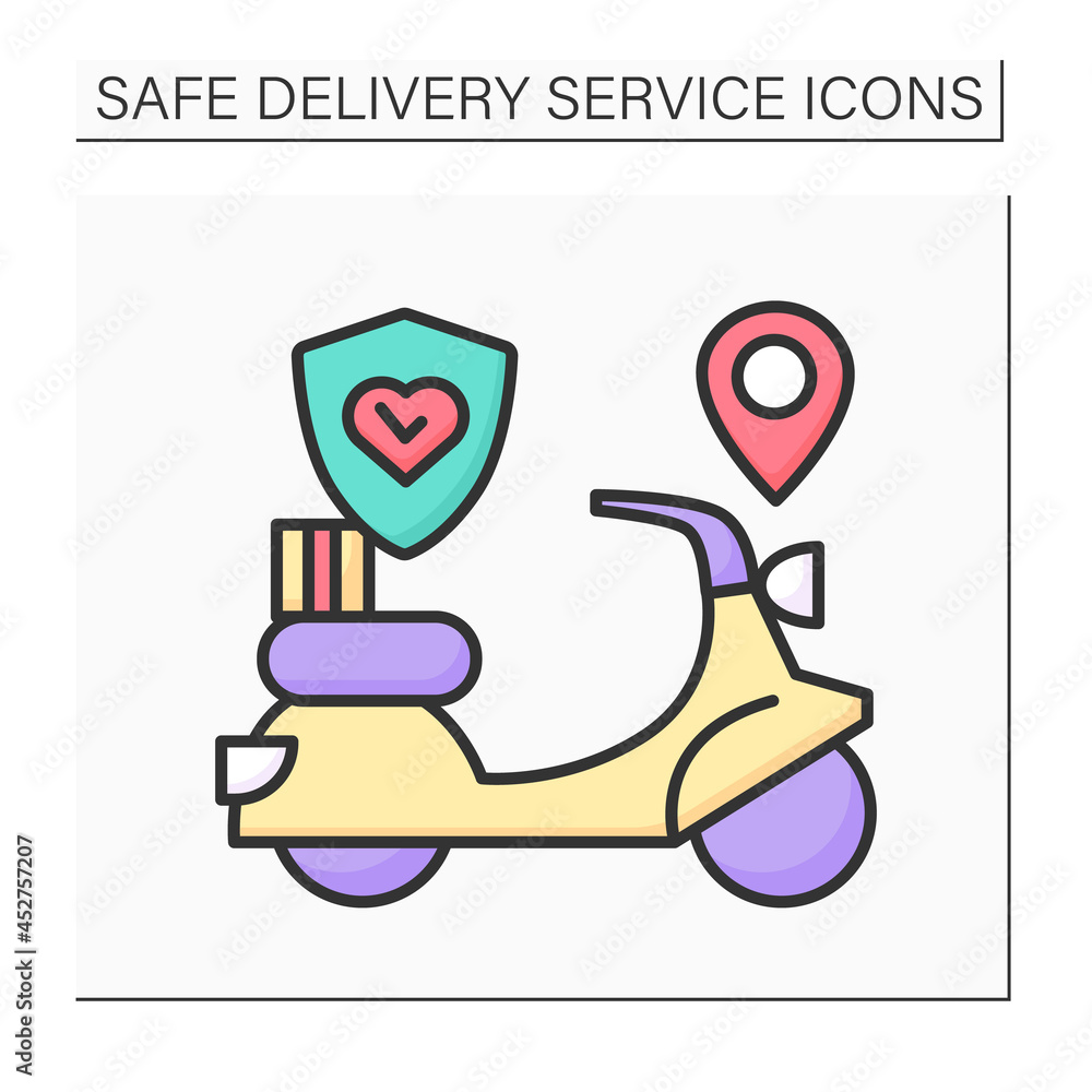 Scooter delivery color icon. Courier scooter with corona virus stop and location. Safe and fast food order service in covid pandemic.Isolated vector illustration