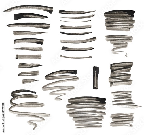 Set of high-resolution raster shapes. Hand-drawn black white watercolour curves, lines, strokes. 