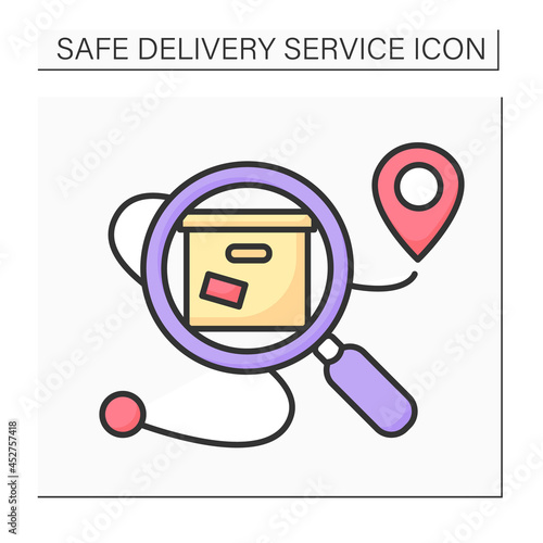 Delivery tracking color icon.Parcel location under magnifier. Concept for safe expedited goods, online shopping and retail logistics Isolated vector illustration