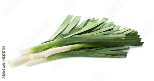 Fresh raw leeks on white background. Ripe onion