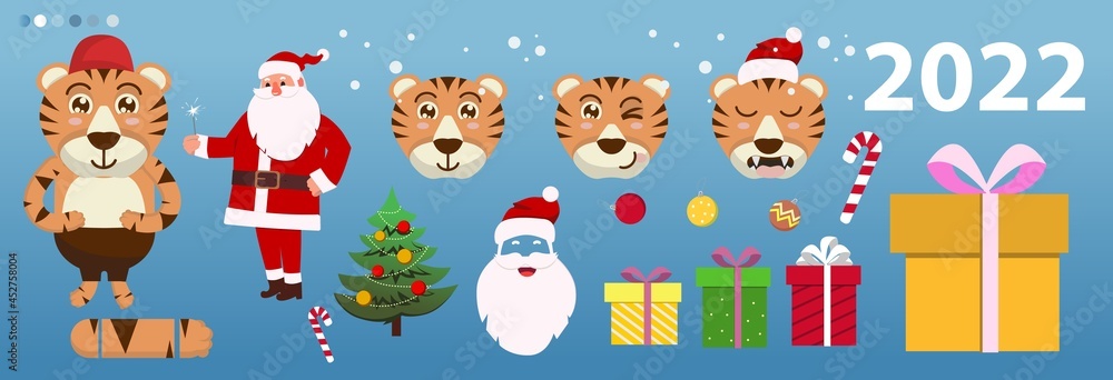 Happy Chinese new year greeting card 2022 with cute tiger. Animal holidays cartoon character.