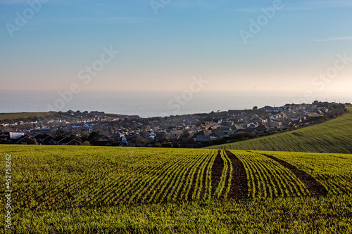 A View Out to Sea on the Sussex Coast, with Telescombe Village Behind Farmland