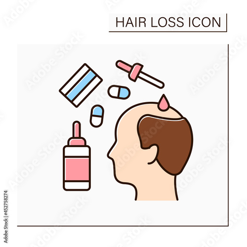 Treatment color icon. Medications for hair loss. Drugs and special serums for restoring and stimulating hair growth. Alopecia concept. Isolated vector illustration