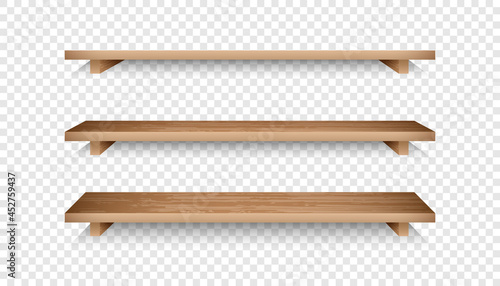Set of 3d empty wooden shelves. Realistic bookshelves with wood texture for online store advertising. Grocery racks vector illustration